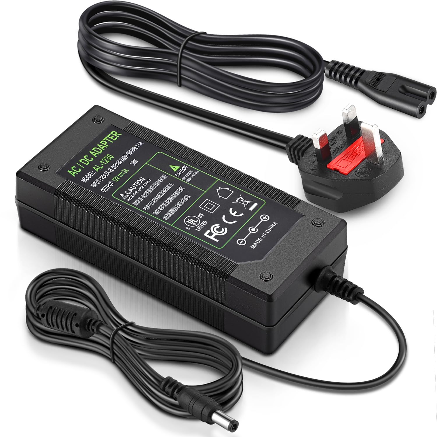 Facmogu 12V AC to DC Universal Power Adapter, 3m/9.84Ft Total Length AC 100-240V to DC 12V 3A 36W Power Supply Transformer, Adaptor UK Plug 5.5x2.5mm & 2.1mm for CCTV Camera, LED Light Strip, Router