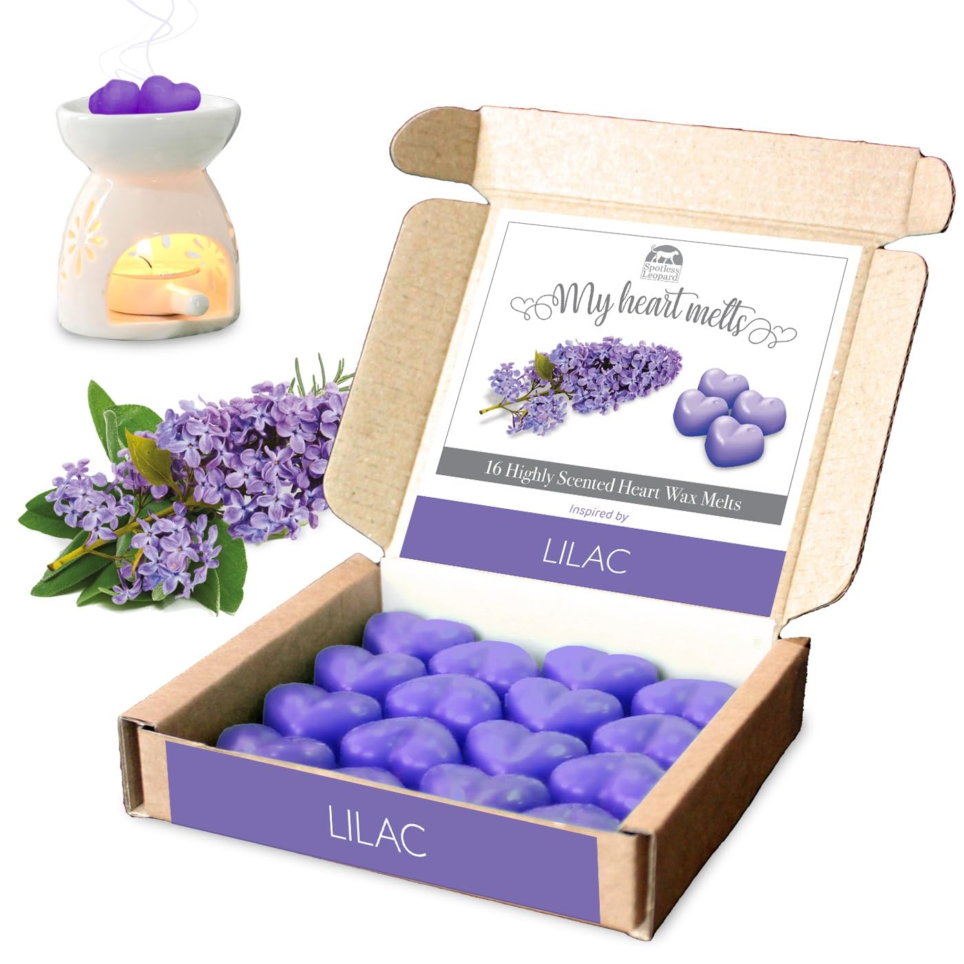 Lilac Scented Wax Melts - 16 x 5g Strong Lilac Fragrance Wax Melts in an Elegant Presentation Gift Box Spotless Leopard Scented Candles Gift - Made in UK