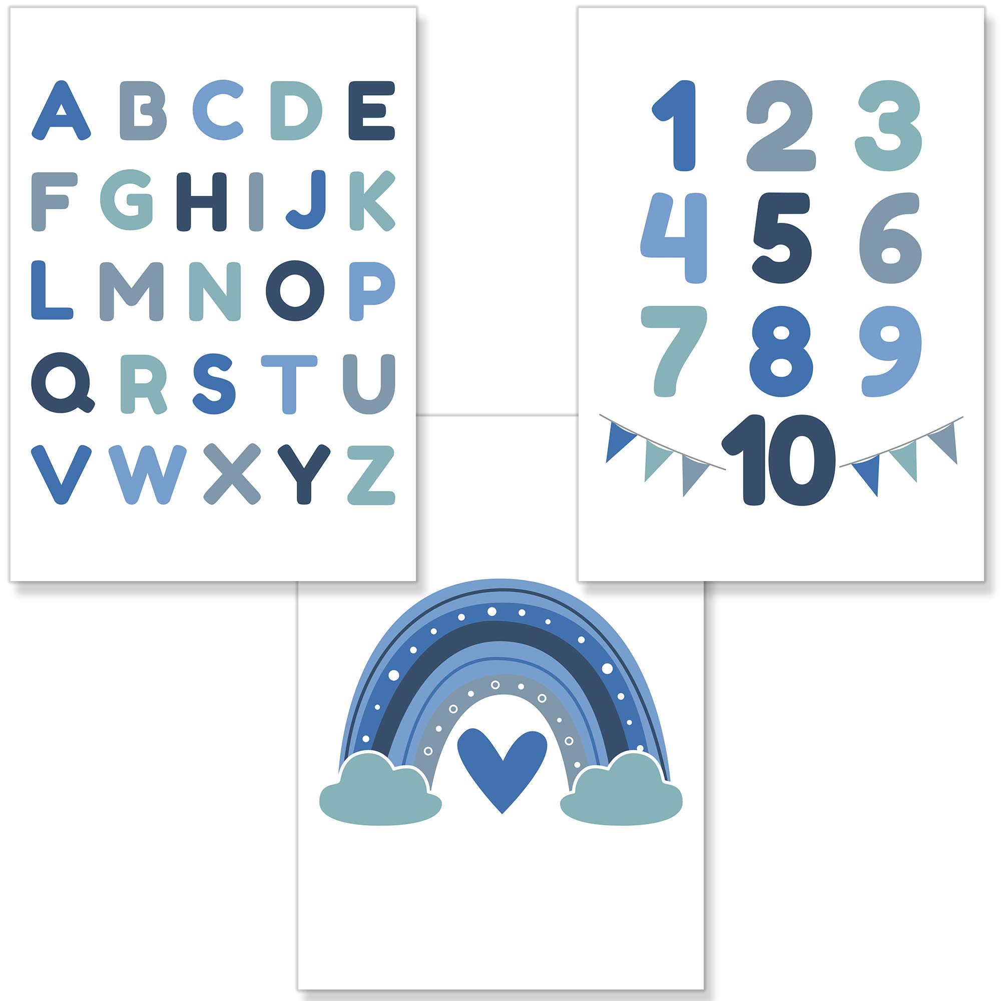 PREMYO Wall Art Prints Nursery Decor - Baby Room Decoration Boy - Kids Poster Set Alphabet ABC Rainbow Blue Picture A4