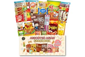 UNHA'S ASIAN SNACK BOX Korean, Japanese, and Asian Snack Variety Pack, 32 Count Gift Care Package Bundle Sampler Assortment Tteokbokki Spicy Ramen Drink Pho Noodle Coffee Mix Tea Treats for Kids Children College Students Adult Senior