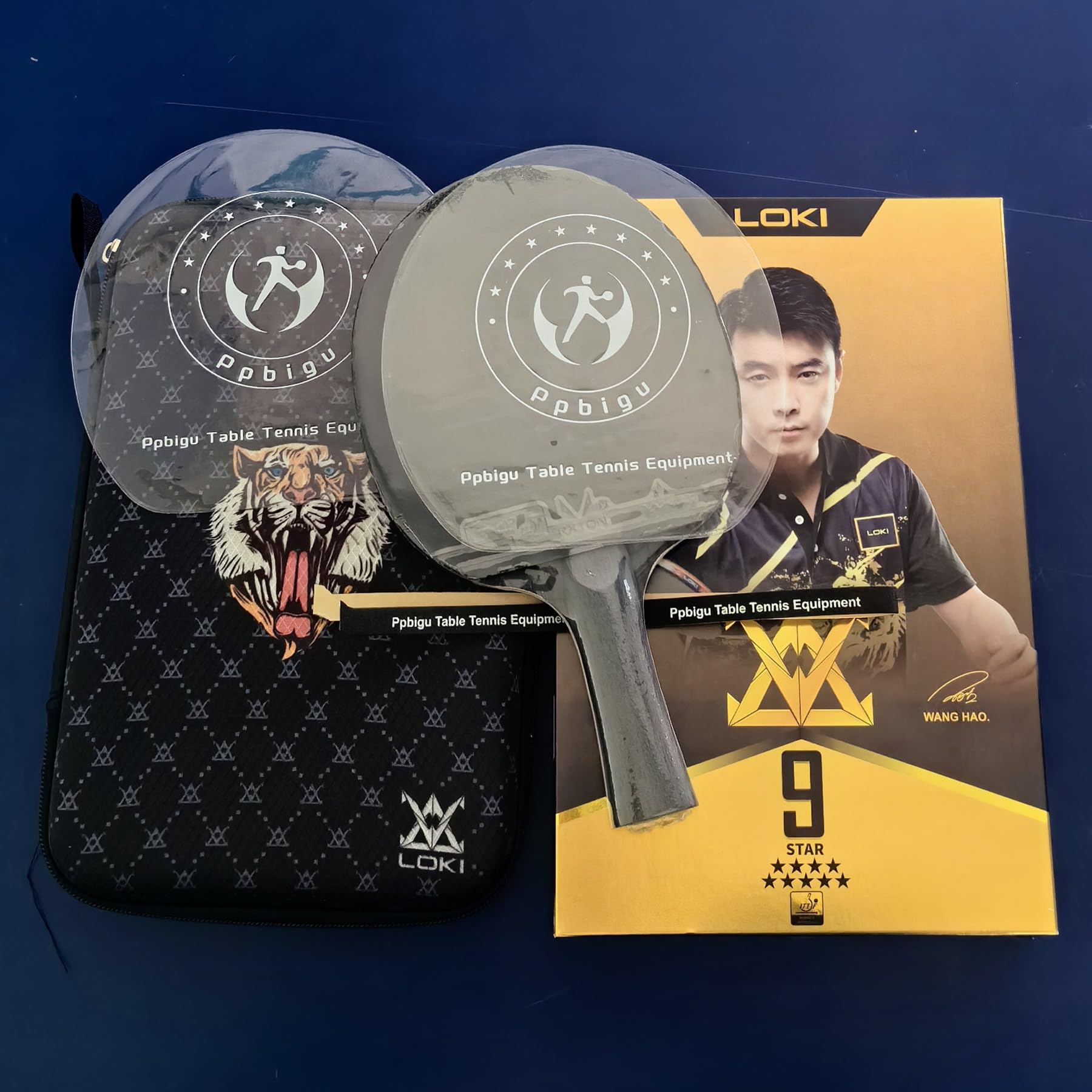 Photo 1 of Ppbigu Wanghao Loki 9 Star Professional Ping Pong Bat Paddle with Original Bag, High Sticky 5 Wood +2 Carbon Blade Table Tennis Racket for Attack-Loop Play (Longhandle-FL)