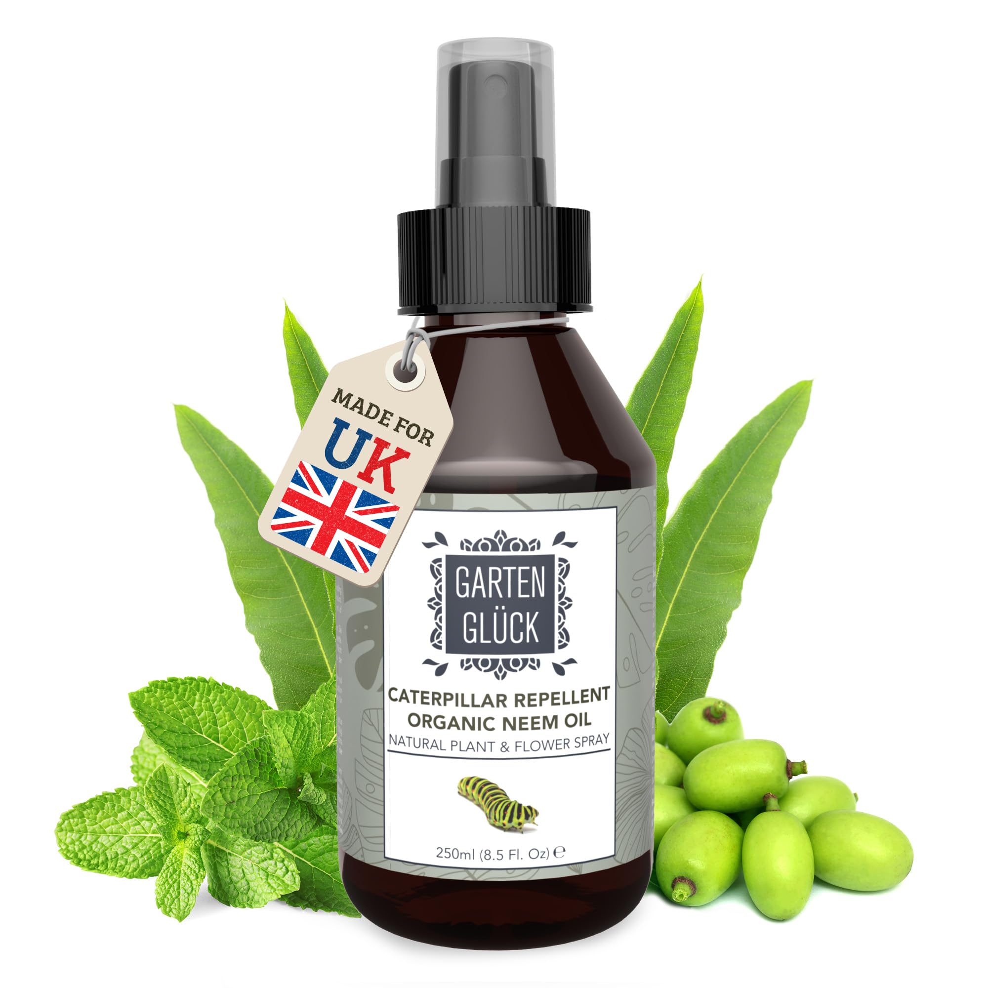 Garten Glück Caterpillar Neem Oil Spray - 250ml - Natural Caterpillar Repellent & Plant Care - Effective Box Hedge Caterpillar Treatment & Buxus Caterpillar Solution for Vibrant Gardens