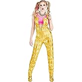 Harley Quinn Costume for Women, Harley Quinn Gold Overalls for Super Villain Jester Outfit & Halloween