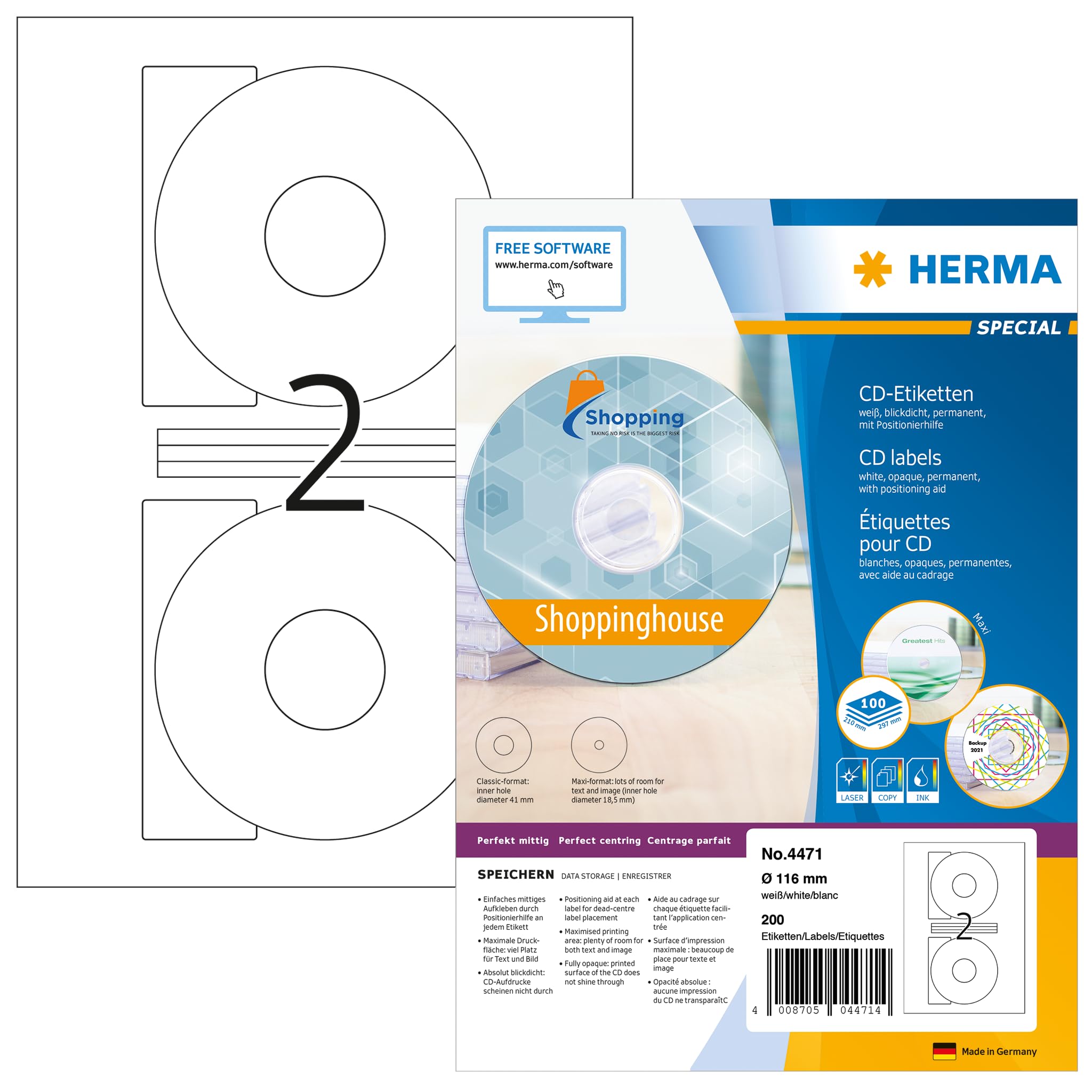 HERMA 4471 116mm Colour Laser Paper Round CD Labels - Matte White (200 Labels, 2 per Sheet)