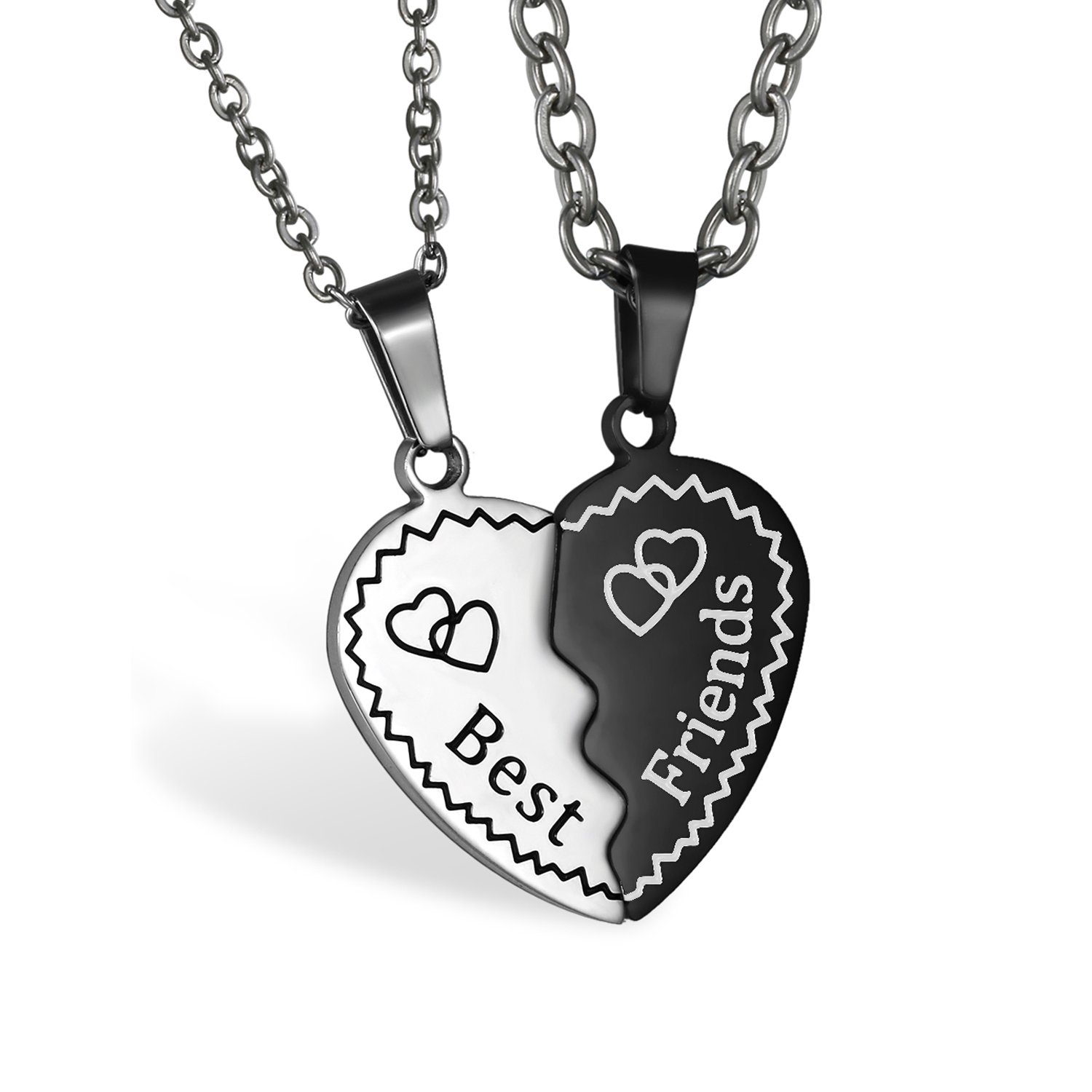 JewelryWe 2PCS Stainless Steel Love Heart Puzzles Necklaces Best Friends Engraved Pendant Friendship Chain For Men Women(Color Silver Black)
