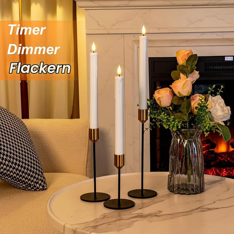 6 Stück White led stabkerzen, Flammenlose Tafelkerzenmit fernbedienung, batteriebetriebene LED Kerzen, 3D-Dochtlicht für Weihnachtsdeko
