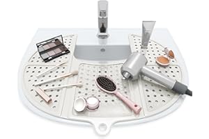 Sink Topper Bathroom Counter Cover & Storage Saver, Foldable Silicone Mat for Hot Tools, Hair Styling & Makeup, Beauty Brush Cleaning Mat, RV Camper Sink Cover & for Small Spaces (Standard Pearl)
