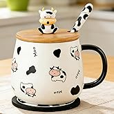 Disoza Cow Mug with Lid Cow Cup 420ML Coffee Mug Cow Gift Ceramic Teacup with Spoon & Coaster Tea Coffee Christmas Mugs Birthday Gift for Wife Girlfriend