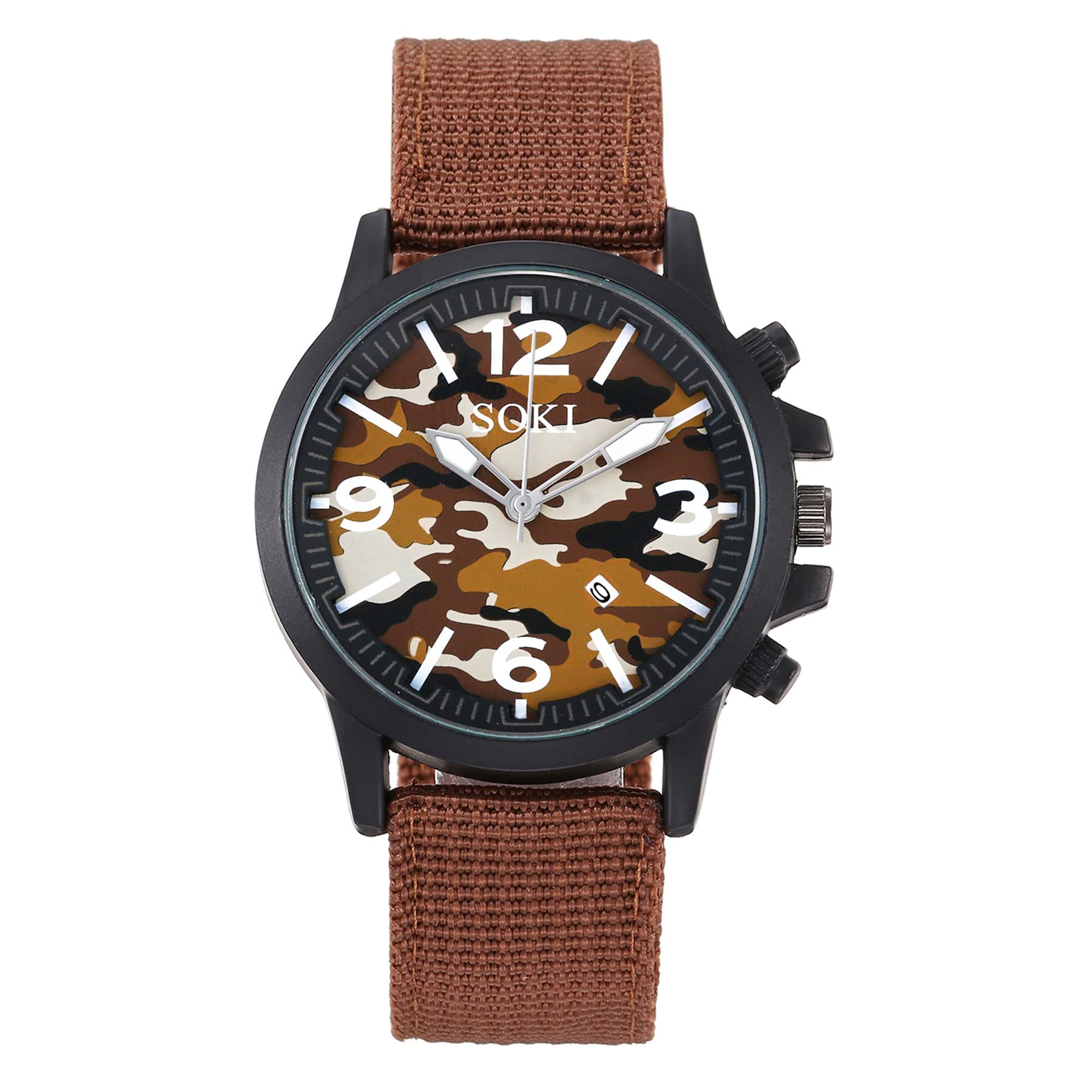 JewelryWe Men's Military Watch Round Camo Dial Quartz Calendar Watch Casual Analog Nylon Wrist Watches