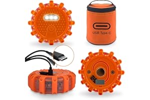 Ecoangel USB-C Rechargeable LED Road Flares Emergency Lights-Large Capacity (Lithium Battery) 3 in 1 Cable Roadside Warning Car Safety Beacon Flashing Disc Flare Kit with Magnetic Base for Vehicles