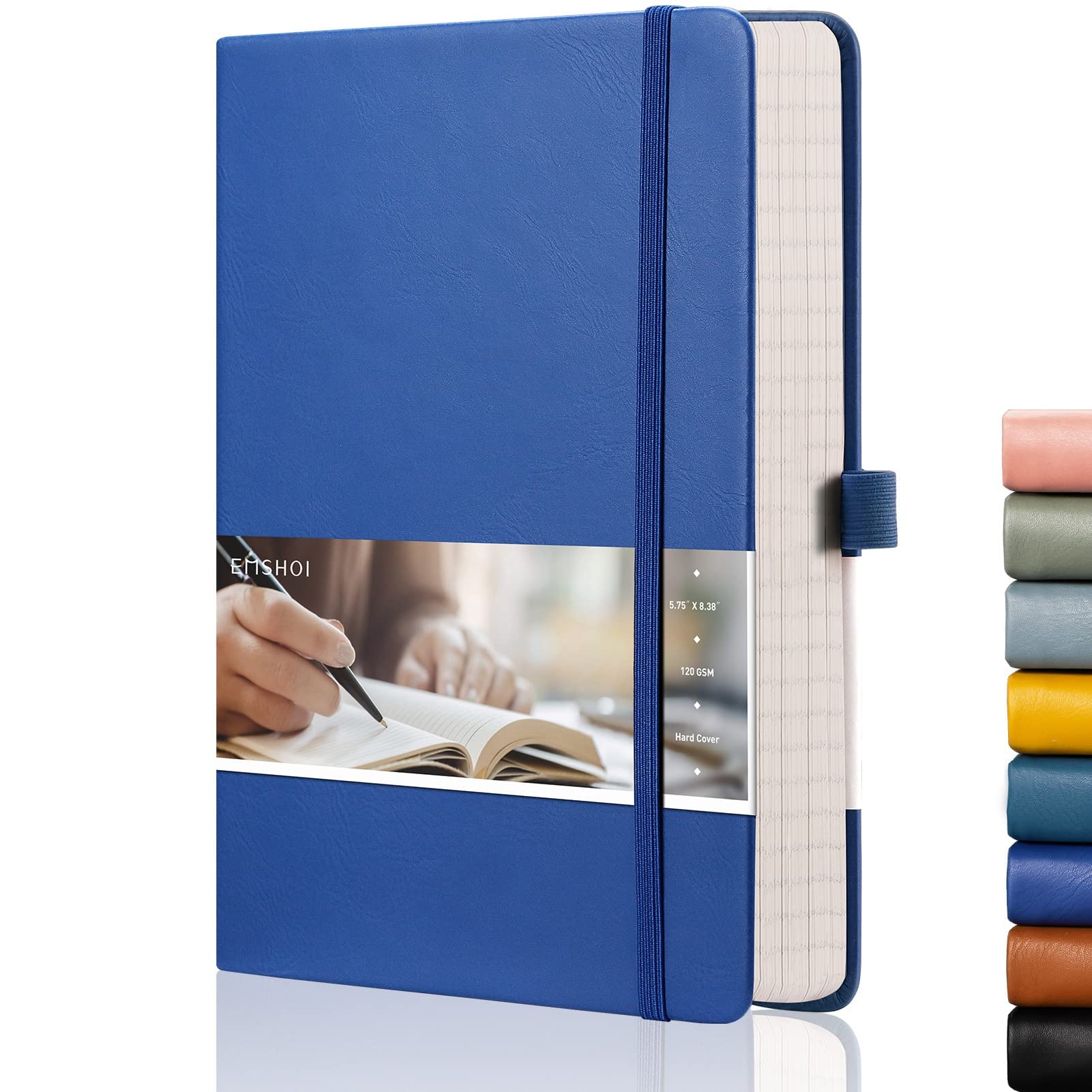 EMSHOI A5 Notebook - 21.4 x 14.5 cm Lined Journal with 256 Numbered Pages, 120gsm Thick Paper, Sticky Notes, 8 Perforated Sheets, Hardback Vegan Leather Notepad for Women Men Writing - Blue