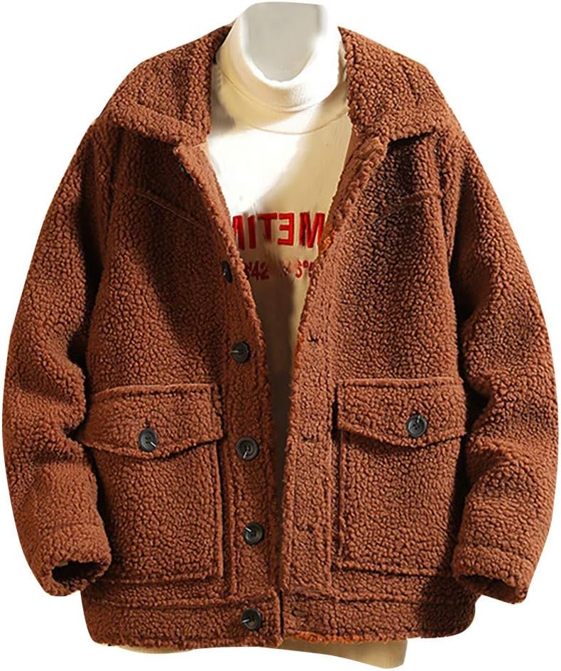 Mens Solid Color Jacket,Casual Autumn Winter Fleece Warm Cotton Loose Fit Button Coat Outwear
