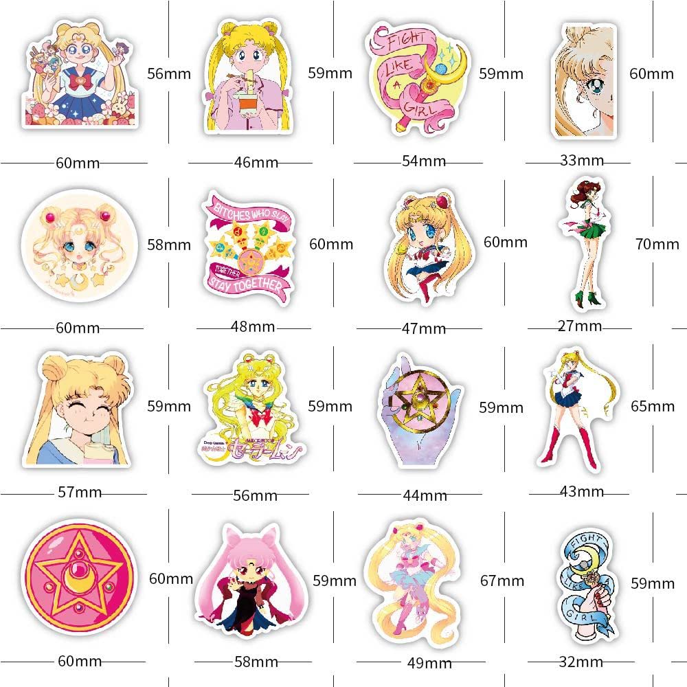 Sailor Moon Anime Stickers Pack 100 PCS | 100 Unique Stickers, Classic Anime Characters, Easy to Use, Waterproof Vinyl, Perfect for Car, Laptop, Water Bottles, Bicycles, Motorcycle