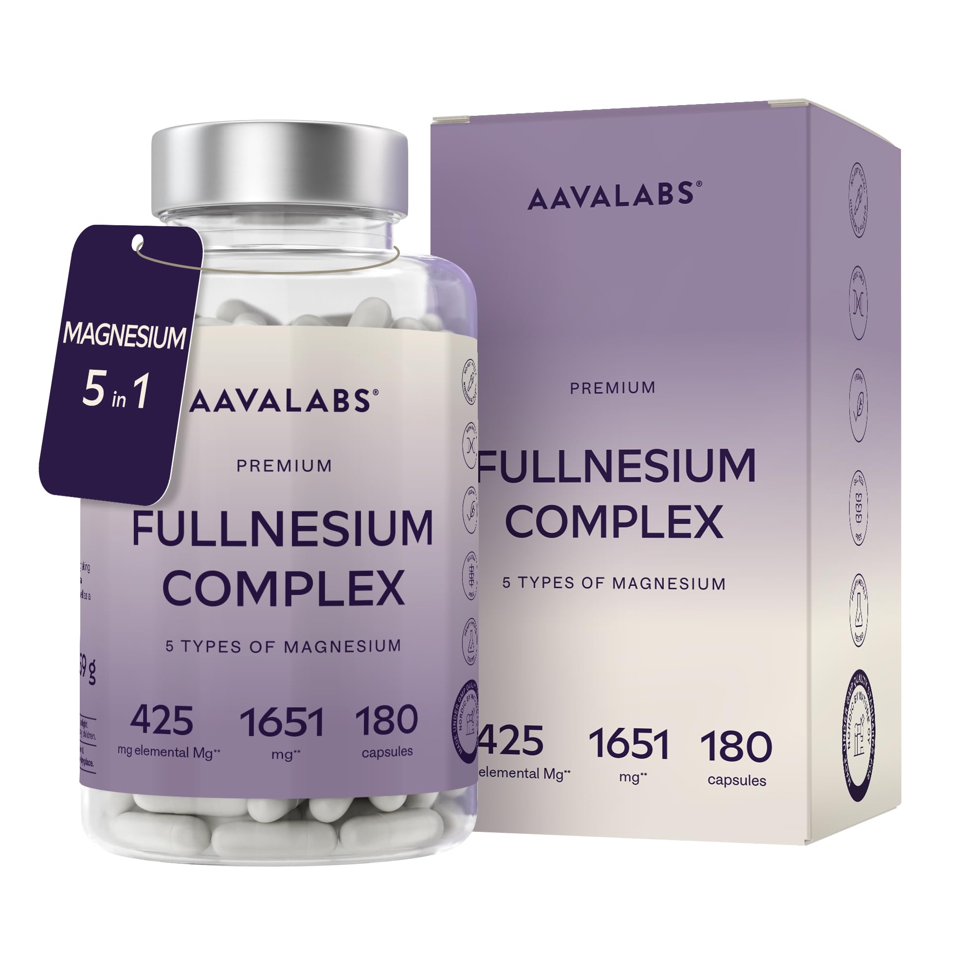 Magnesium Komplex Hochdosiert 1651mg | 425mg Elementares Magnesium Premium mit 5 Formen: Bisglycinat Chelat, Magnesiumcitrat, Malat, Taurate, Magnesiumoxid - Energie, Muskeln, Nerven - 180 Kapseln