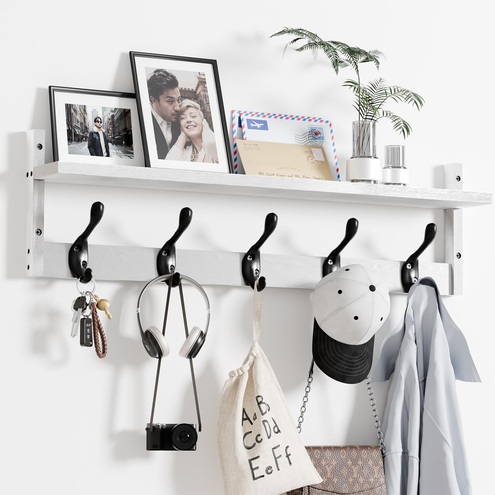 Photo 1 of 29 Inch White Wall Mounted Coat Rack with Shelf, Coat Hooks Wall Mount with Floating Shelves, Wall Hanging Mount Hat Rack, Mail Organizer and Key Holder, Coat Hanger with Wall Mount Hook for Bedroom