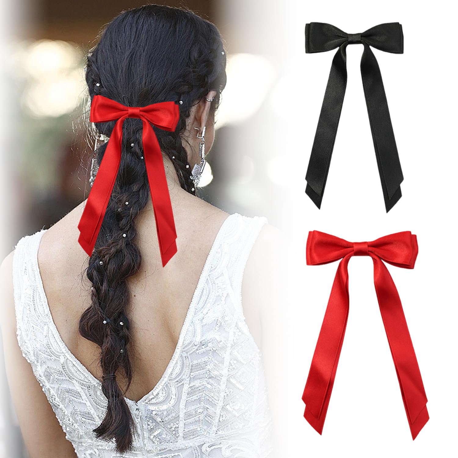 Silky Satin Hair Bows, 2 PCS Hair Clip Red Hair Ribbon Ponytail Holder Accessories Slides Metal Clips Hair Bow for Women Girls Toddlers Teens Kids (Black&Red)