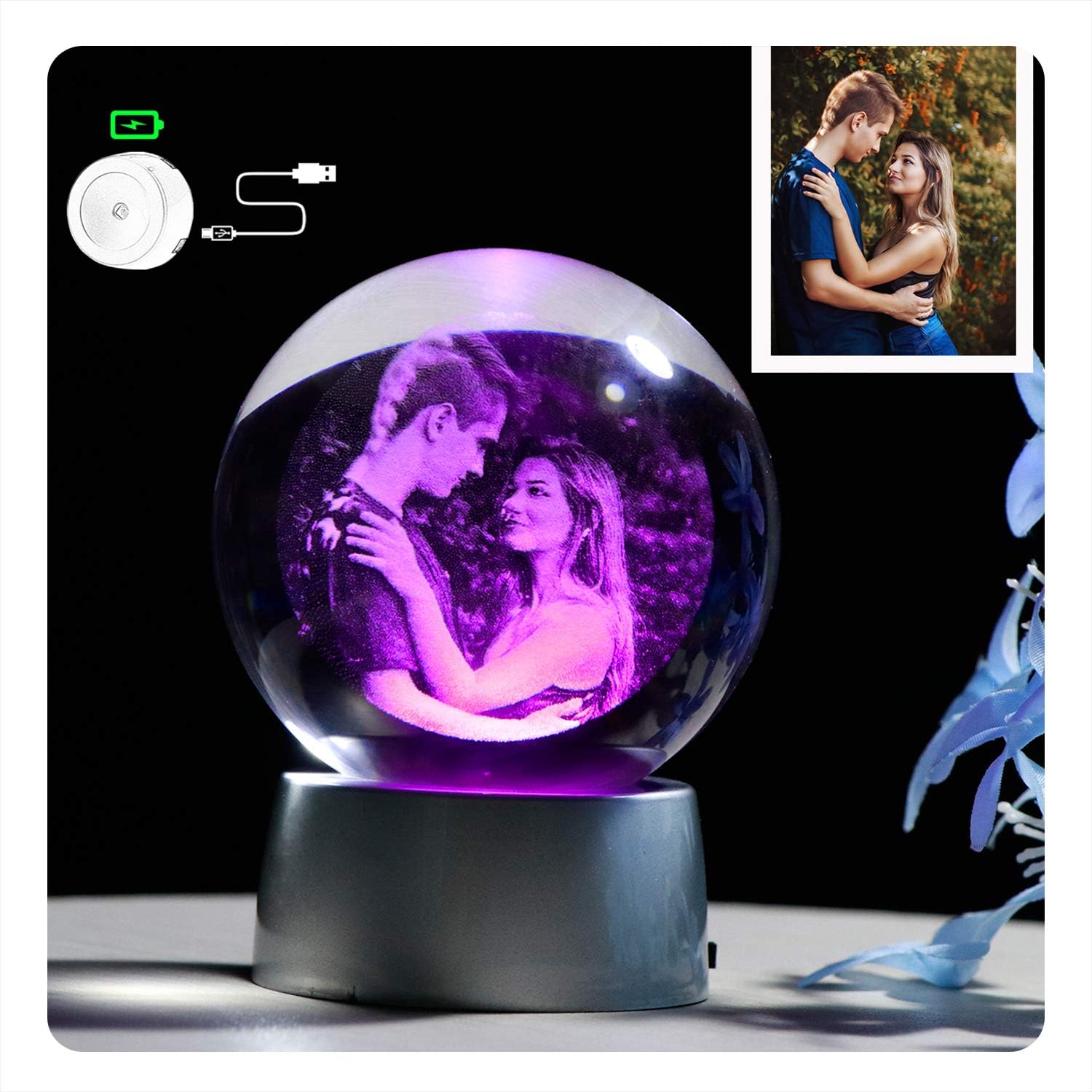 YWHL Personalized Photo 2D 70mm Crystal Ball with Colorful LED Base Etched Engraved Inside Birthday Girlfriend Gifts