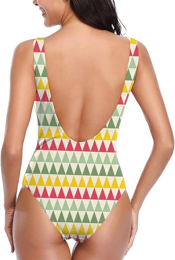 Women's One Piece Swimsuits, Colorful Triangles Sharp Edged Geometric