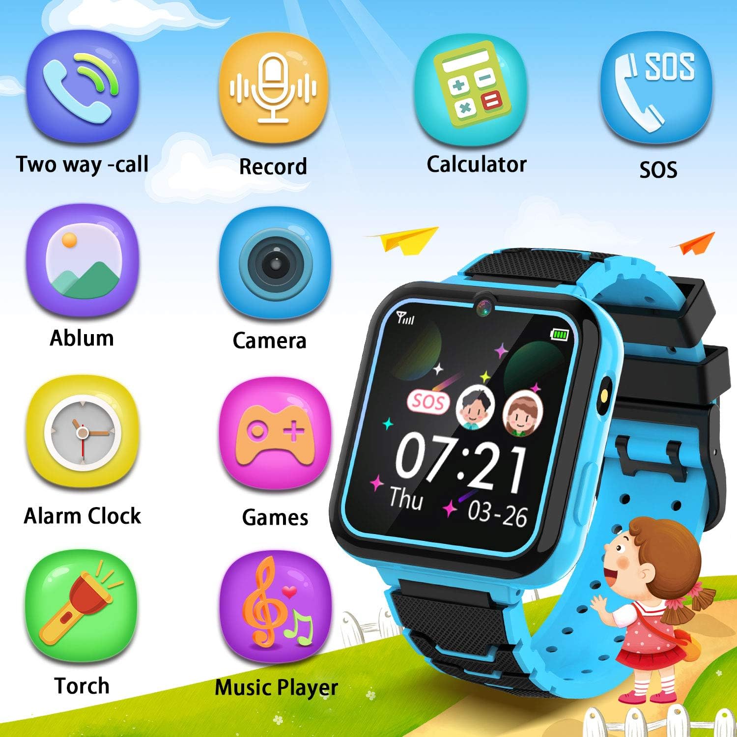 Smart Watch for Kids,Boys&Girls Watch with SOS Games Music Player Flashlight Camera Alarm Clock,Kids Watch Gifts for 3-12Y(Blue) - Image 4