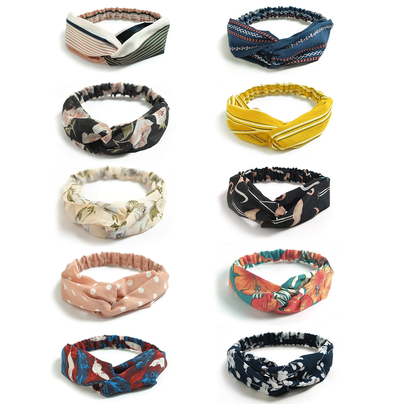 DRESHOW 10 Pack Women Headband Boho Floral Style Criss Cross Head Wrap Hair Band