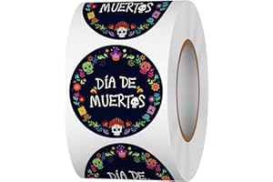 Acetiamin Day of The Dead Stickers Roll, 1.5 Inch 500 Pcs Dia De Los Muertos Mexican Round Label, Sugar Skull Flower Halloween Stickers for Goodie Bags Gift Favors Box Cards Decorations