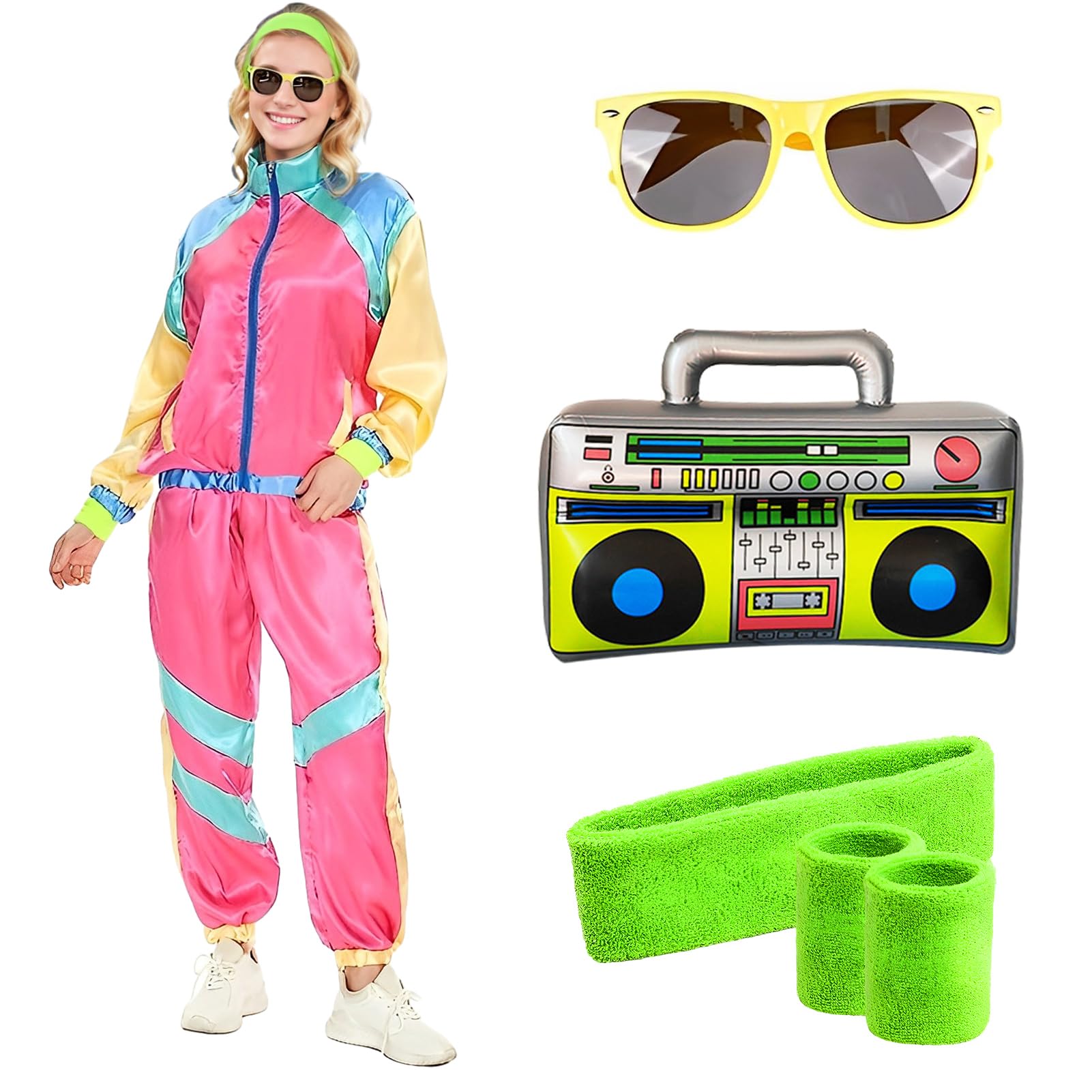 HarnyLoom 80s 90s Fancy Dress Costume Men Women Adults, Shell Suit Rave Tracksuit Outfit Retro Jacket Hip Hop Rapper Disco Neon Accessories Carnival Halloween Party (Rose, XL)