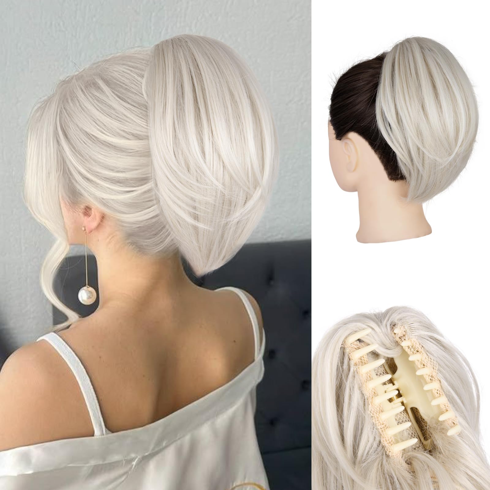 Photo 1 of Claw Clip Ponytail Extension - 10 Inch Short Ponytail Extension, Straight Pony Tails Hair Extensions, Synthetic Hair Extensions Ponytail, Clip On Ponytails for Women (Color: Platinum Blonde)