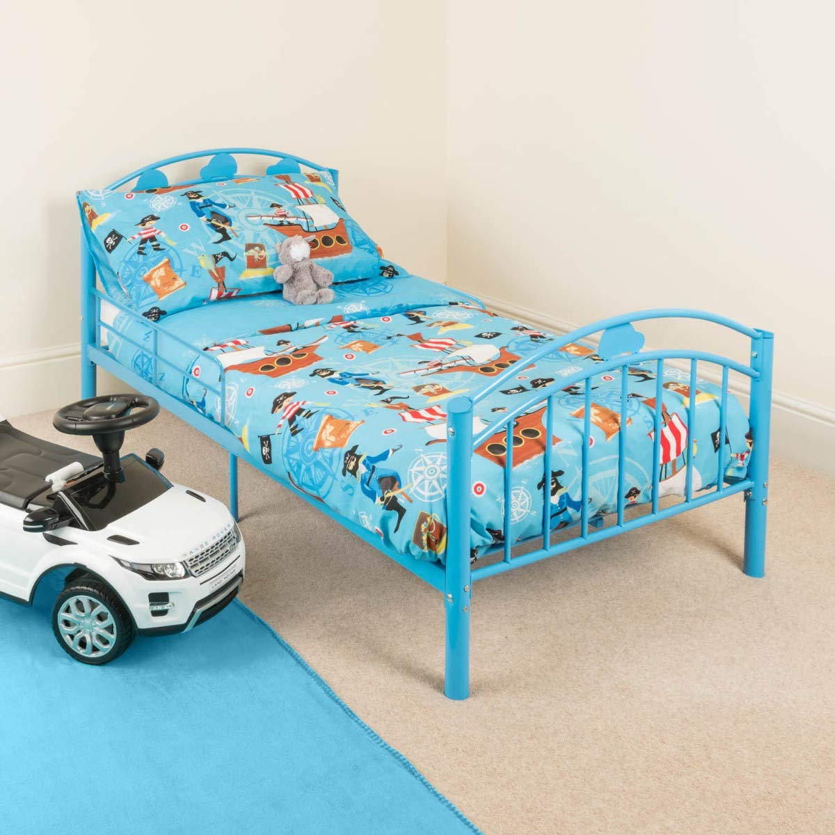 Buy CHRISTOW Blue Toddler Metal Bed Frame Kids Bedroom Furniture Childrens Bedframe Cars Online