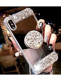 iPhone 6S Plus Crystal TPU Mirror Case,Lozeguyc Handmade Bling Diamond Cover iPhone 6 Plus 5.5 Inch Fashion Beauty Case Rhinestone Collapsible Ring Stand Shockproof Case for Girl Women-Rose Gold