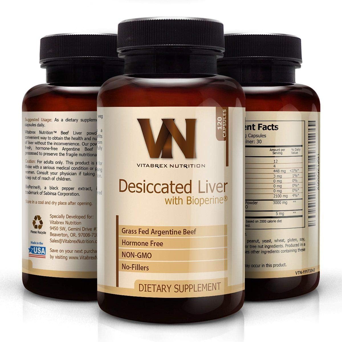 Vitabrex Nutrition - (120 Capsules 750mg per Capsule of Desiccated Liver) with 5mg of Bioperine® - Hormone Free - Grass Fed - No Fillers