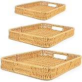 3-Pack Poly-Wicker Bread Baskets for Serving - Rectangular Woven Serving Trays with Handles, Washable Imitation Rattan Fruit &amp; Vegetable Storage Bins for Kitchen Counter, Dining Table (3 Sizes)