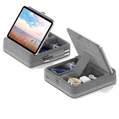 KDD Tablet Pillow Stand with Storage, Foldable iPad Holder for Bed, Lap and Desk, Angle Adjustable Soft Pad Dock with Stylus Mount Compatible with Ipad Pro 12.9, 10.5, 11, Air, Mini, Phones, Books