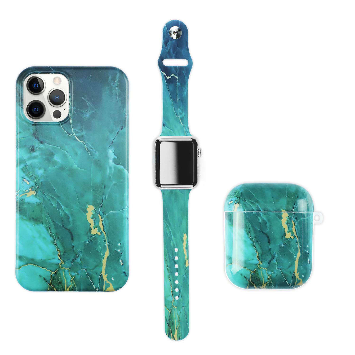 Makzib Matching Case compatible with iPhone 11pro,Airpods case 1& 2 PRO with Watch band. Marble design slim Glossy 3 in 1 cases (38mm 40mm Airpods pro, Marble Teal & Gold)