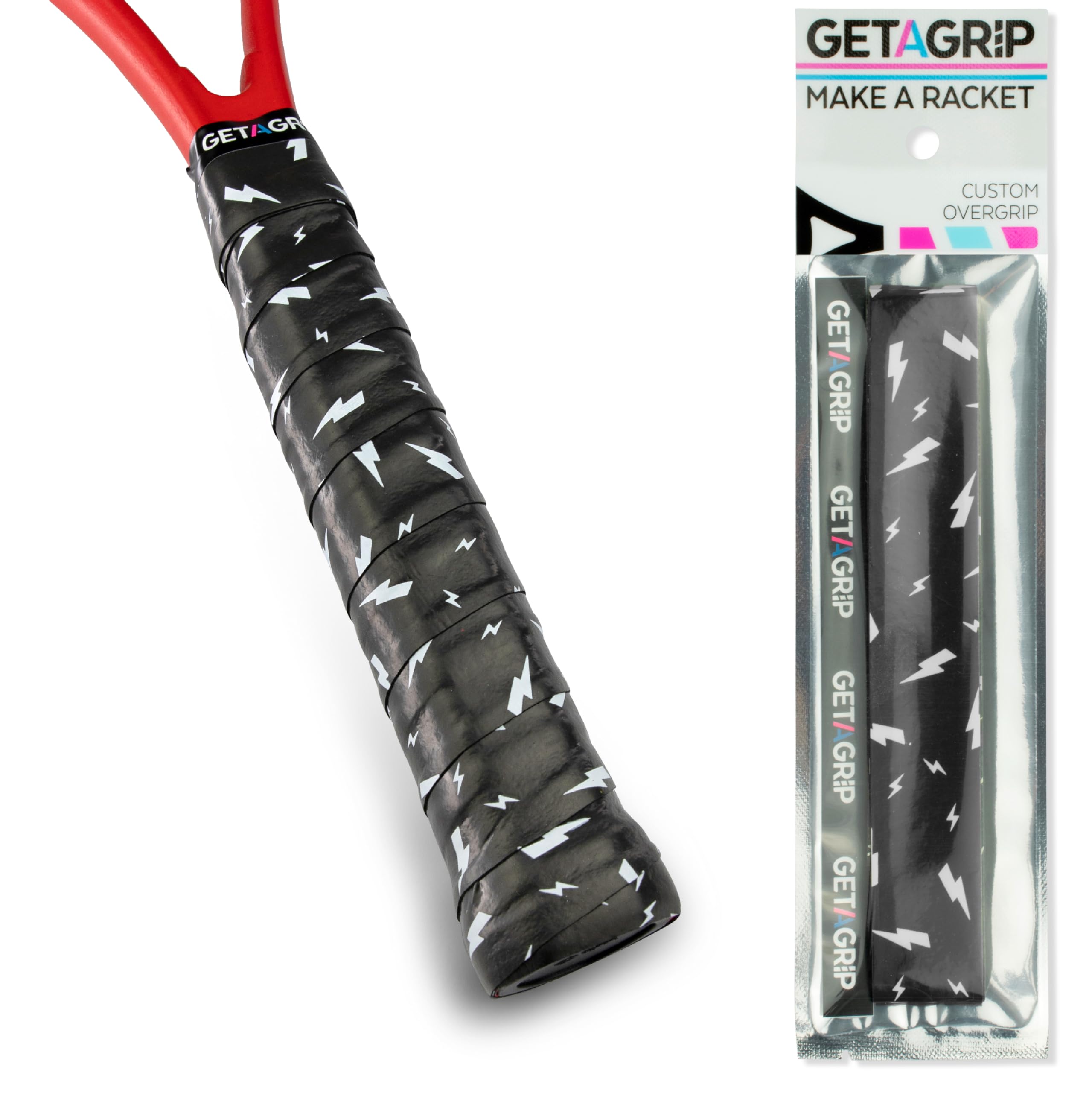 GET A GRIP - Custom Tennis Racket Grip Tape - Anti-Slip/Quick-Drying Tennis Overgrips - Precut Badminton Racket Grip with Finishing Tape - Squash Racket Grip Tapes (Charged Up (black), 3)
