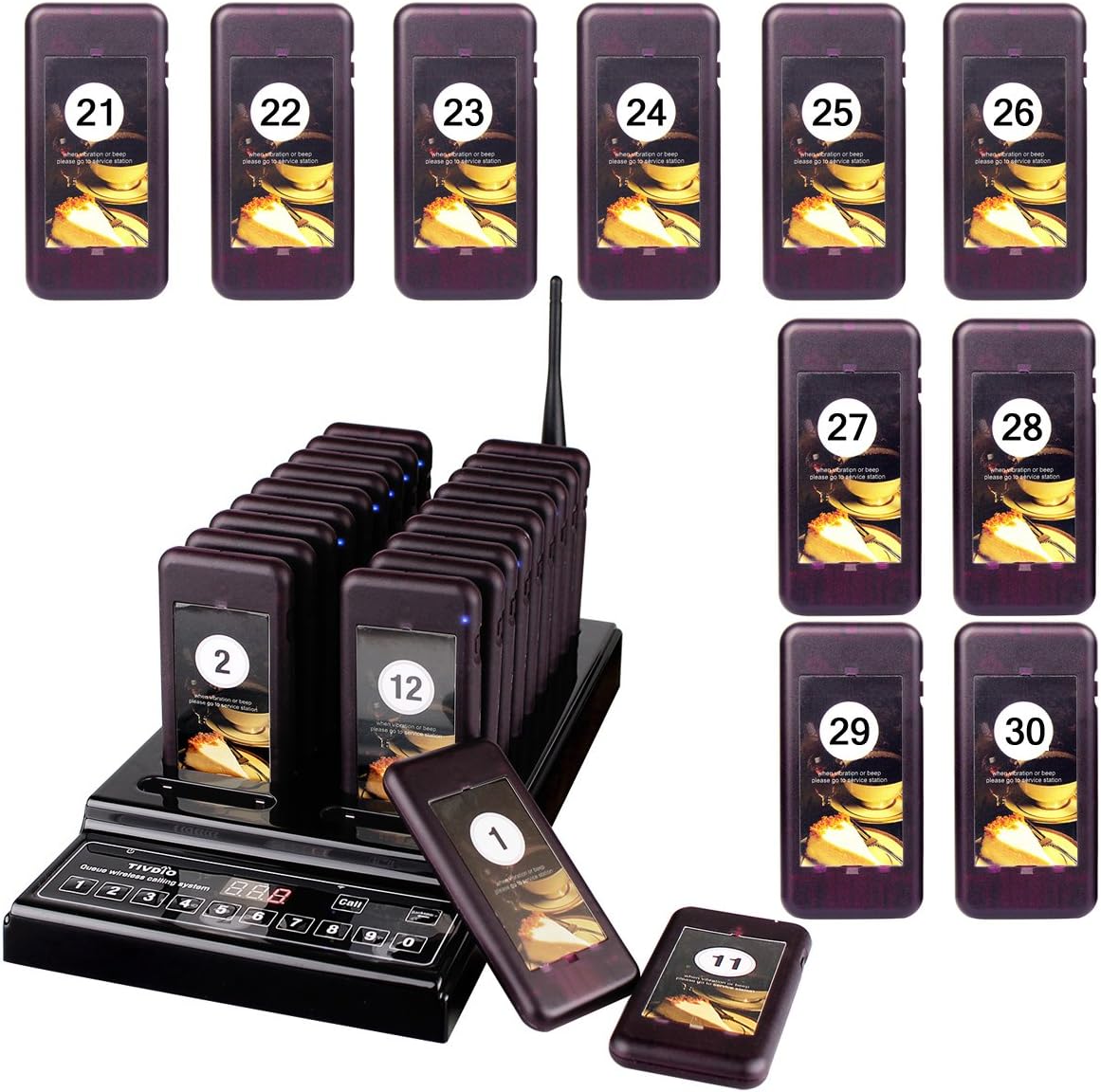 TIVDIO Wireless Calling System Pager System Restaurant 3 Prompt Modes Stable Signal Support 999 Channel with 30 Coaster Pagers for Church Nursery Food Truck Clinic