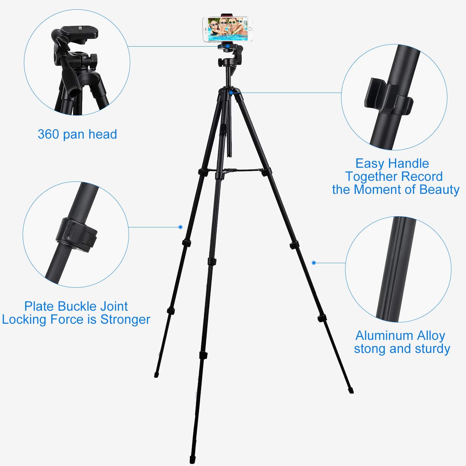 Phone Tripod Nagnahz 55inch Video Recording Tripod Stand with Bluetooth Remote 360 Panorama Pan Head Travel Portable Selfie Stick Extendable Tripod for Mobile Phones iPhone 11/Xs/X/8/Gopro/Camera: Camera & Photo