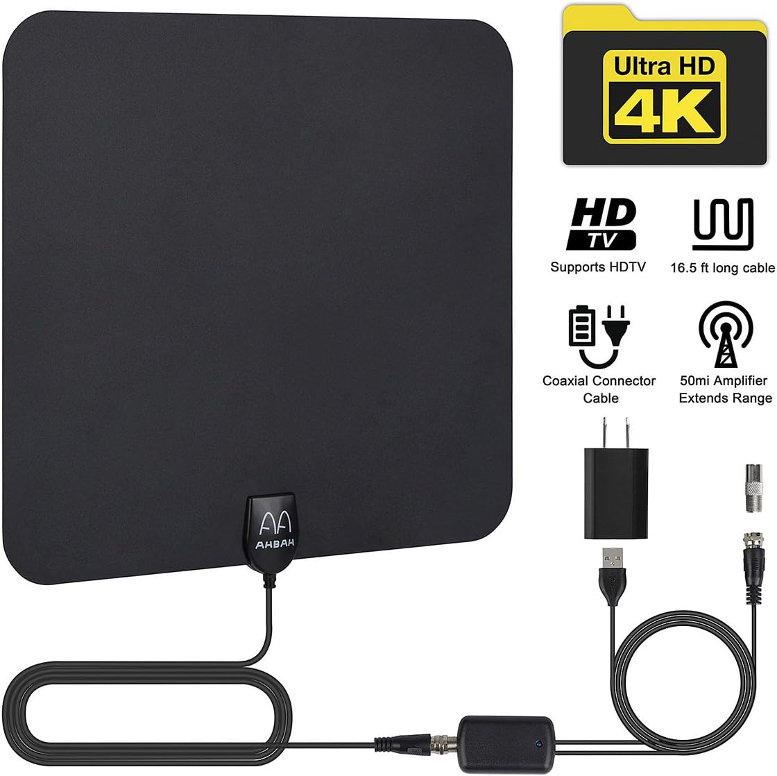 AHBAH TV Antenna Digital Antenna Indoor TV Antenna 50+ Mile Range Digital HD Antenna for TV With 16.5 Feet Highe Performance Coaxial Cable for 4K 1080P Free Local Channels