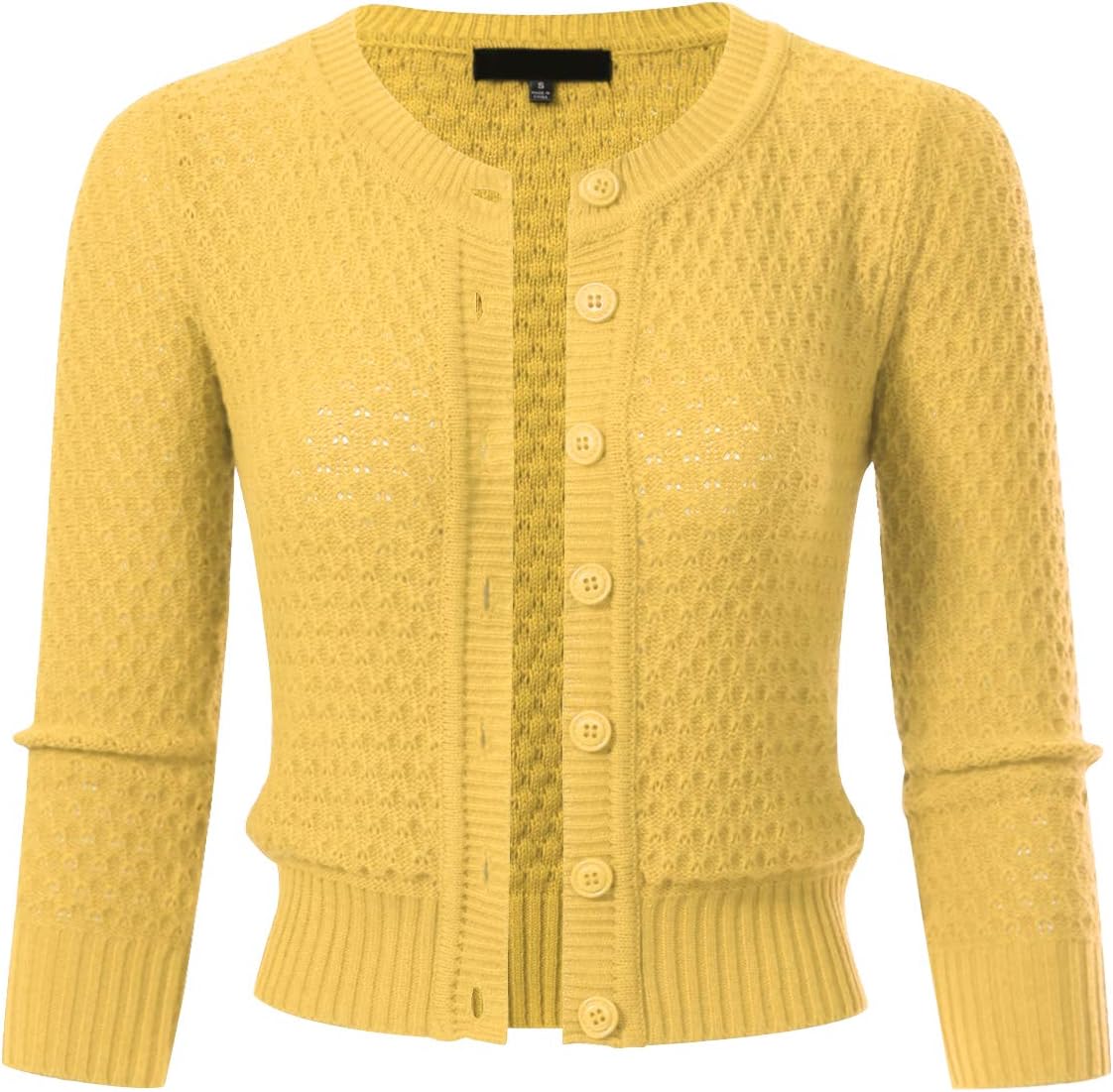 Womens Button Down 3/4 Sleeve Cropped Knit Cardigan Crochet Sweater (S-3XL)