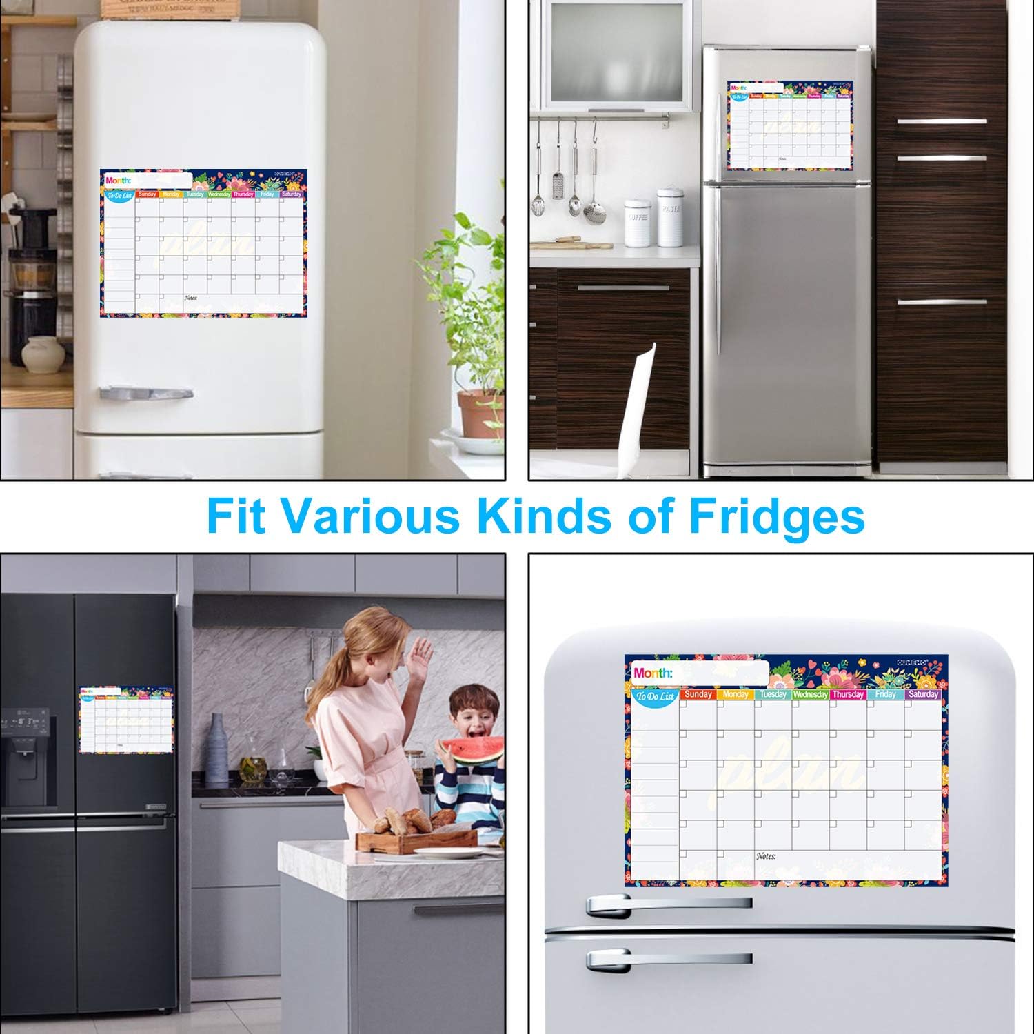 OUNENO Floral Magnetic Dry Erase Calendar to Do List for Refrigerator, 17.5 x 12 inches Large Magnet Reminder White Board for Kitchen Fridge Wall : Office Products