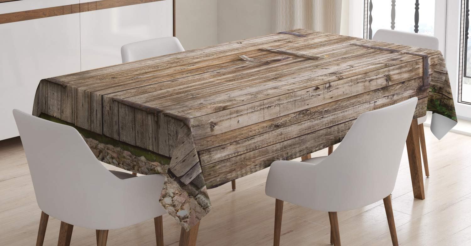 Ambesonne Rustic Tablecloth Decor, Old Oak Closed Garage Door with Steel Hinges Vintage Typical Cottage Doorway Image, Dining Room Kitchen Rectangular Table Cover, 60" X 84", Tortilla