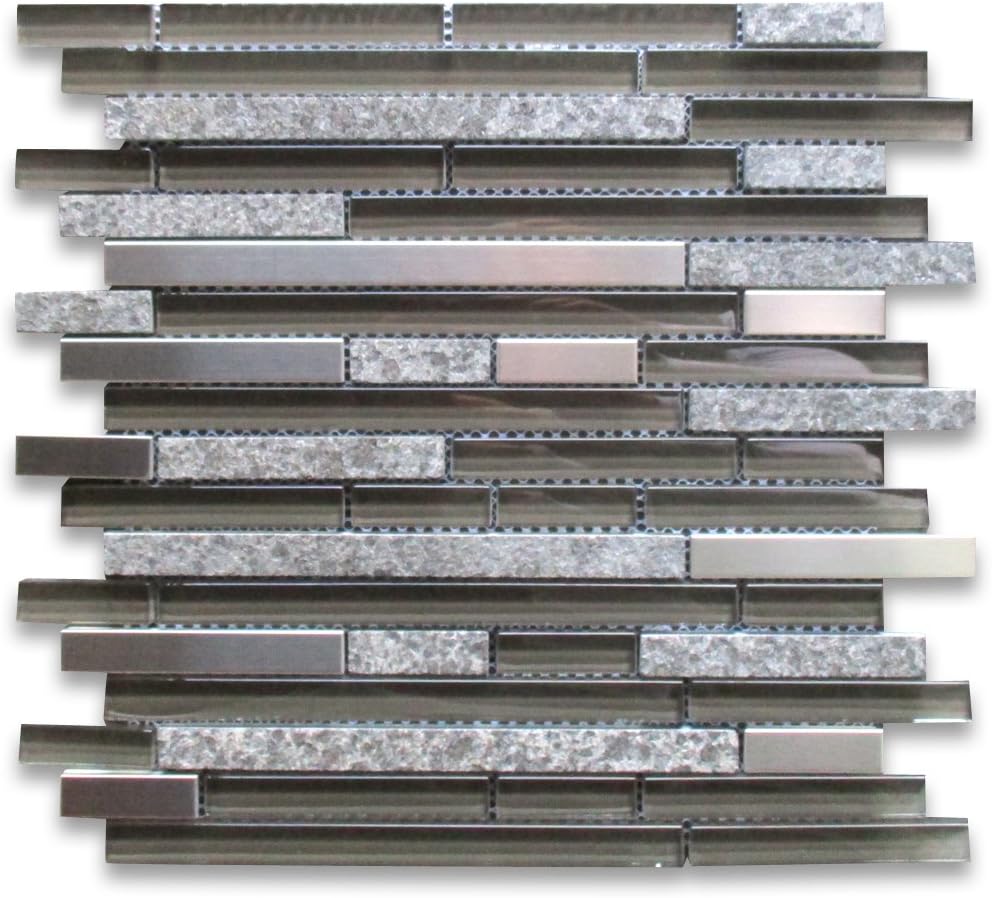 Grey Glass Mix Flamed Granite and Stainless Steel Random Brick Mosaic Tile Kitchen Bath Wall Floor Backsplash Shower (1 Sheet)