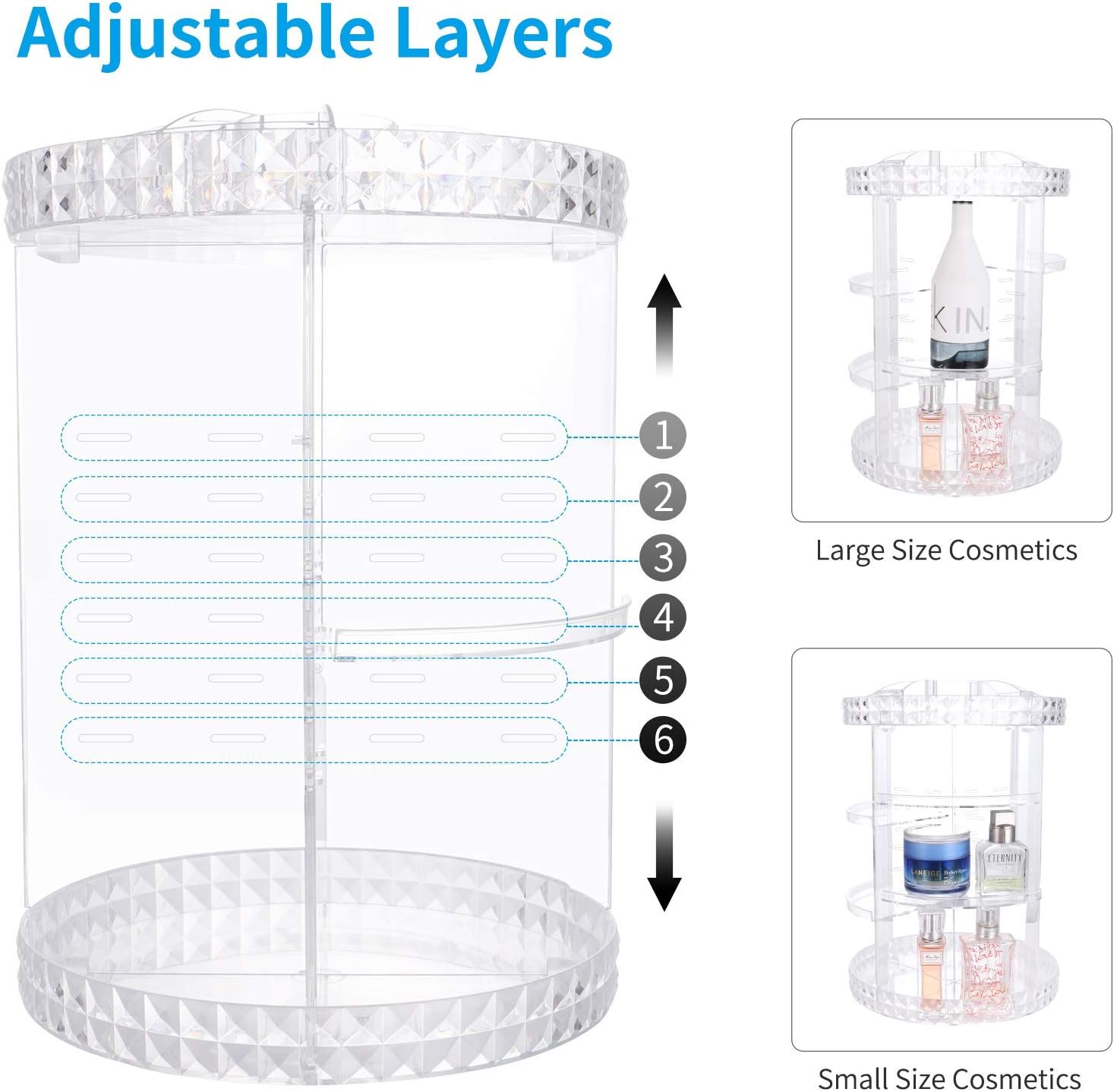 Deksias 360 Rotating Makeup Organizer, Adjustable Carousel Acrylic Storage,Large Capacity Spinning Cosmetics Display Case for Bathroom,Bedroom,Dresser or Vanity Countertop (Clear): Home Improvement