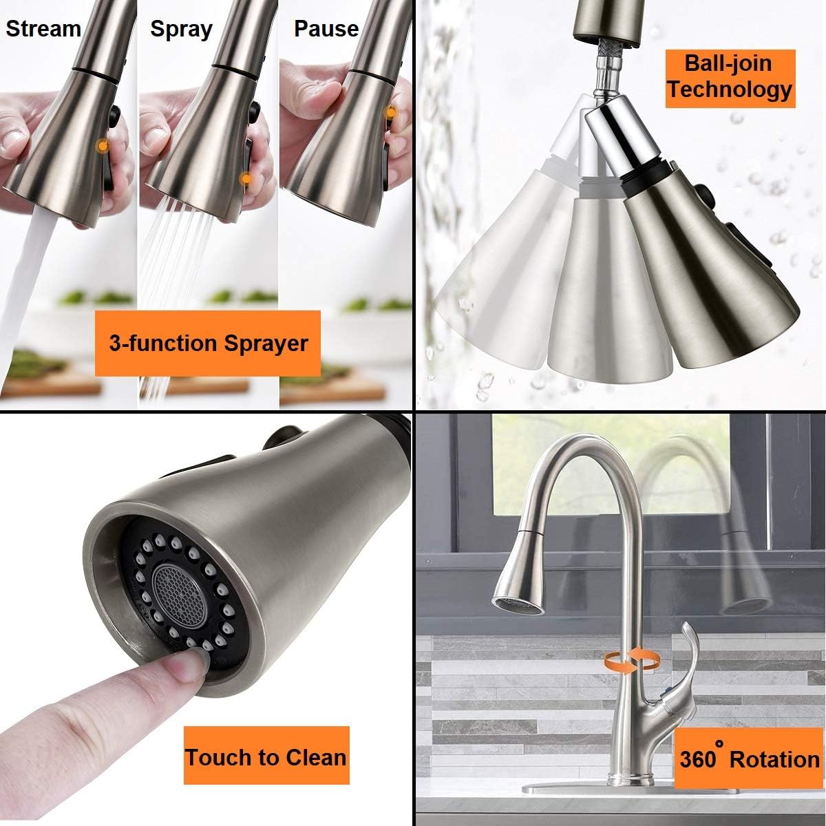 APPASO Pull Down Kitchen Faucet with Sprayer Stainless Steel Brushed Nickel - Single Handle Commercial High Arc Pull Out Spray Head Kitchen Sink Faucets with Deck Plate - - 