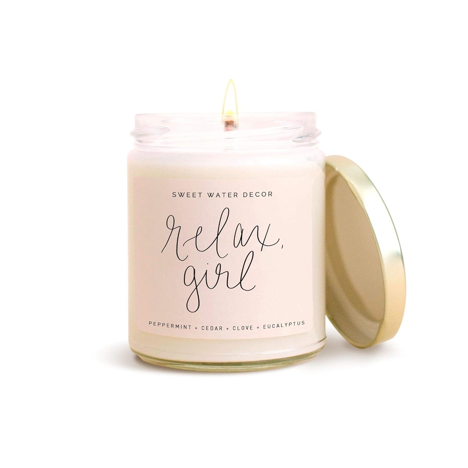 Sweet Water Decor, Relax Girl, Peppermint, Cedar, Clove, and Eucalyptus Scented Soy Wax Candle for Home | 9oz Clear Glass Jar, 40 Hour Burn Time, Made in the USA: Handmade