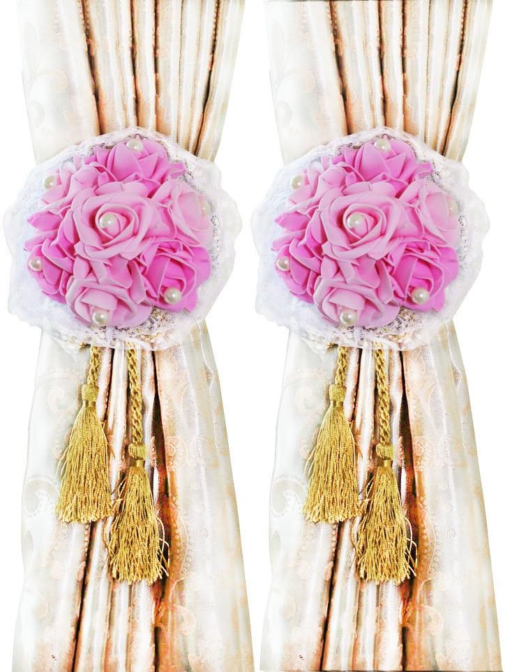 EIGA 2 Pcs Roses Curtain Tiebacks Fringed strap Rope Strong Holdbacks Drapery Holder Decorations Window Treatment Holdback Sheer Drapery Tie Back for Room Decorations