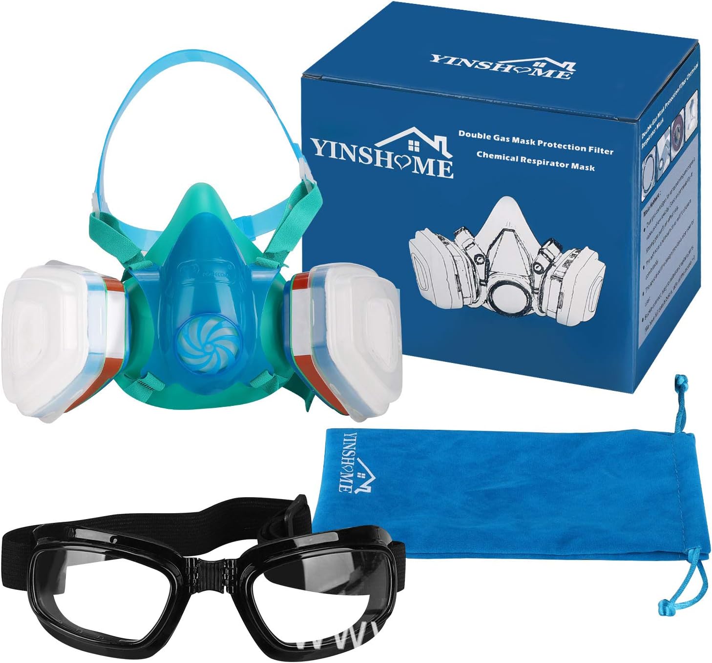 Respirator Mask(Plus Safety Goggle) Yinshome 211 Gas Mask Respirator with Dual Filter Cartridges for Breathing Eye Protection Against Dust,Organic Vapors, Chemicals-Paint Respirator for DIY projects