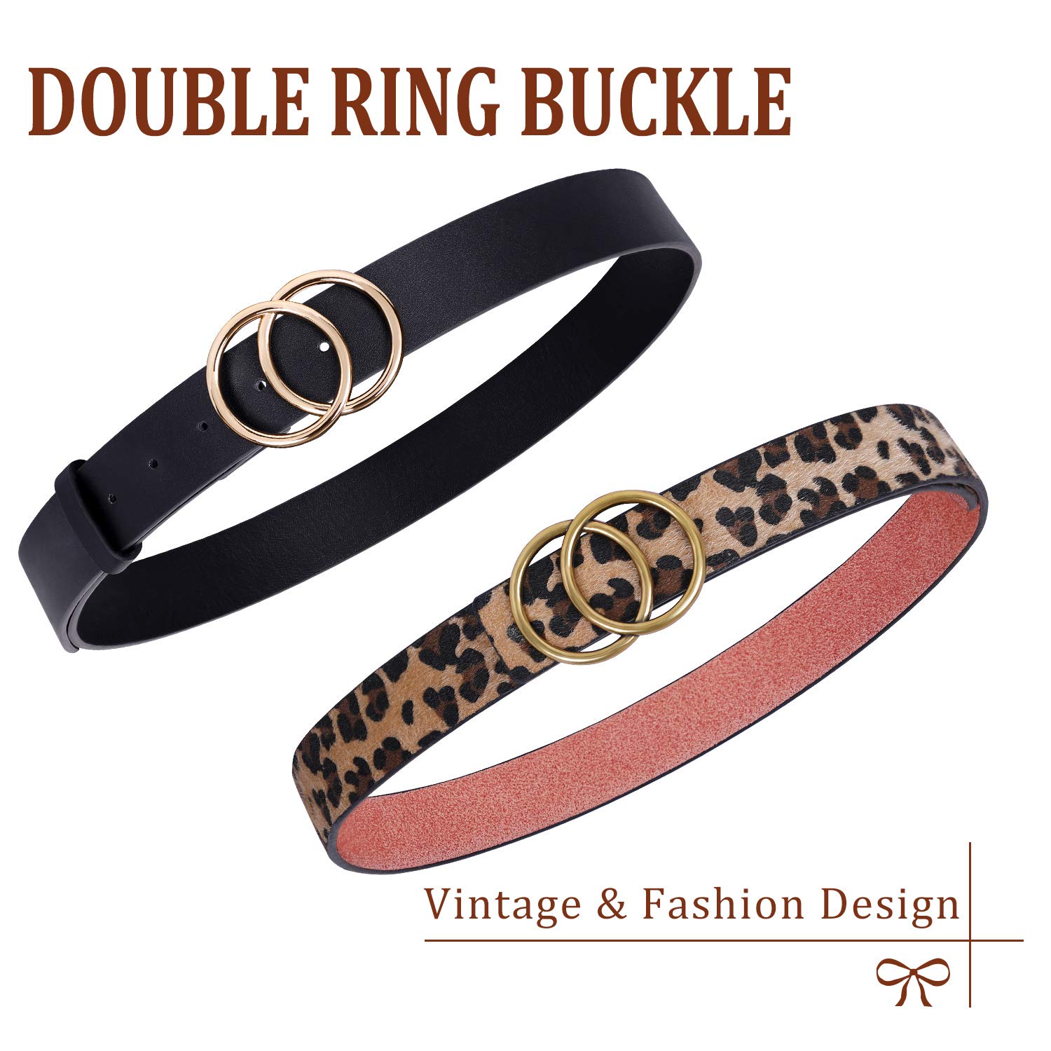 2 Pack Women Leather Belts for Jeans Pants,WERFORU Ladies Plus Size Waist Belts with Double O-Ring Buckle,Suit for Pants Size 26-30 Inches,Black+Leopard