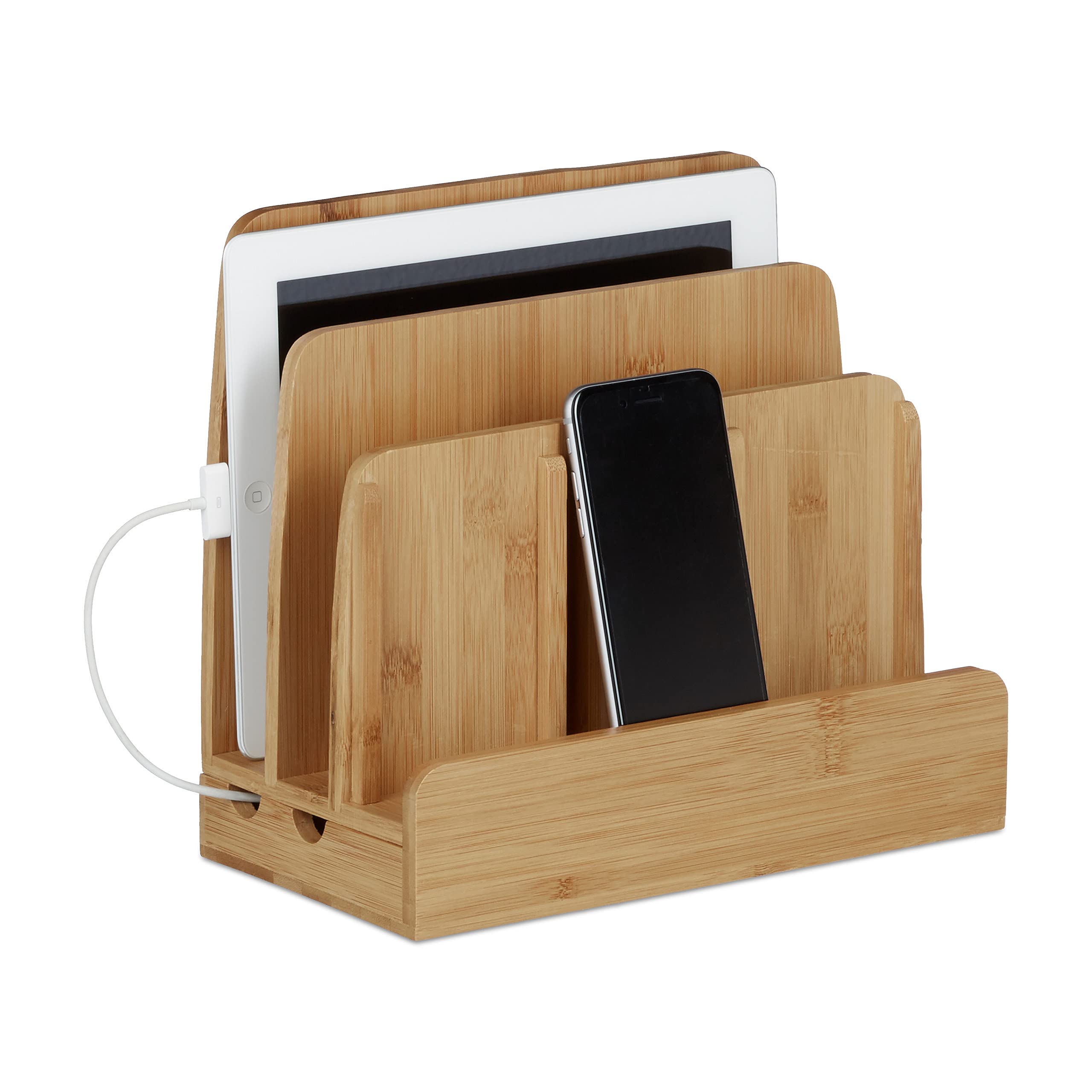 Relaxdays Bamboo Docking Station, Holder Dock, 3 Shelves, Smartphone, Mobile Phone, Tablets, HWD: 23 x 25.5 x 13.5 cm, Natural Brown