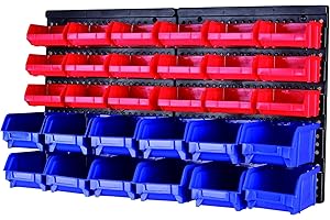 MaxWorks 80694 30-Bin Wall Mount Parts Rack/Storage for Your Nuts, Bolts, Screws, Nails, Beads , Blue and Red