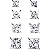 925 Sterling Silver Stud Earrings, 4 Pairs Square Cubic Zirconia Stud Earrings Set for Women Men 3 4 5 6mm